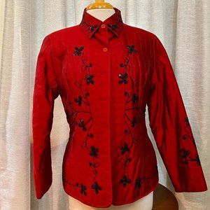 Anne Carson Red Silk Jacket - Black Embroidered & Sequin Size Large